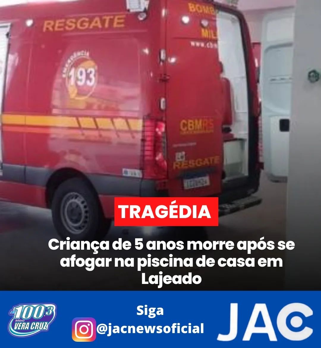 CRIANÇA DE 5 ANOS MORRE APÓS SE AFOGAR NA PISCINA DE CASA EM LAJEADO.