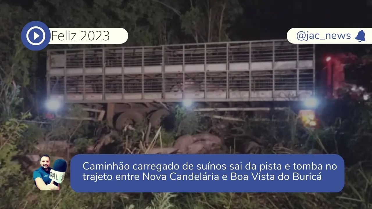 Um caminhão carregado de suínos tombou após descer um barranco na lateral da estrada, no trajeto entre Nova Candelária e Boa Vista do Buricá.