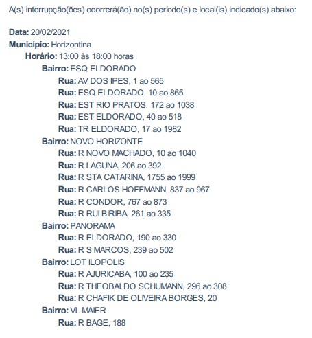 ATENÇÃO: 20/02/21 - FALTA DE ENERGIA ELÉTRICA EM HORIZONTINA
