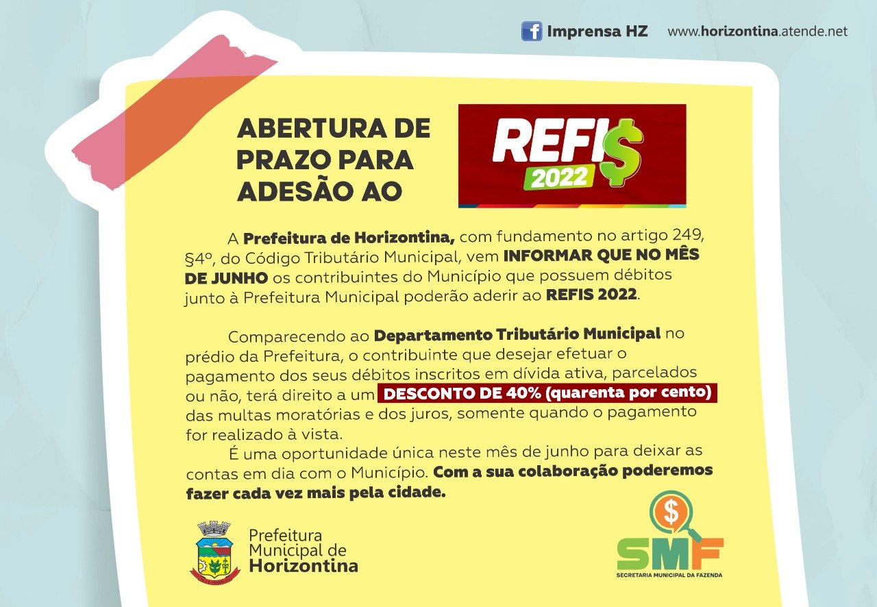 PREFEITURA ABRE PRAZO PARA ADESÃO AO REFIS 2022