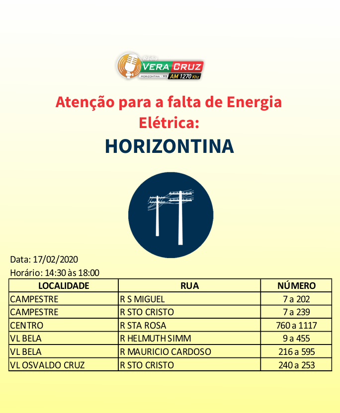 ATENÇÃO PARA A FALTA DE ENERGIA ELÉTRICA EM HORIZONTINA